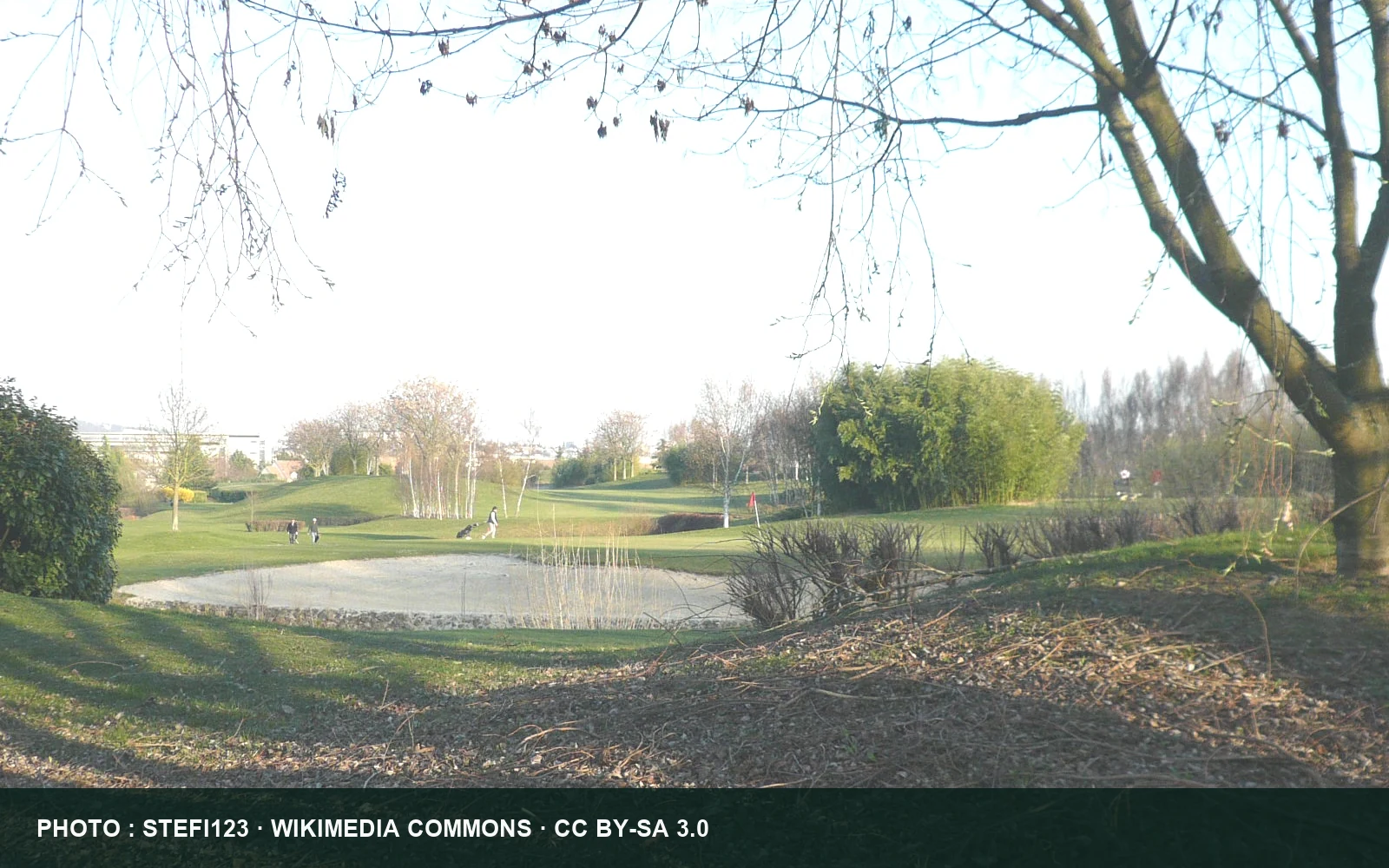 Vue du golf de Rueil-Malmaison avec une pièce d’eau et les zones de jeu.