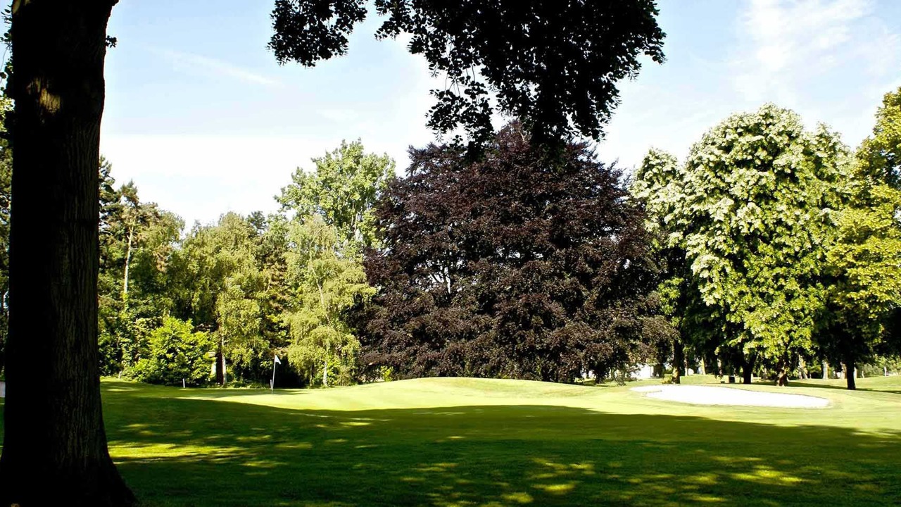 Green arboré du Golf de Brigode avec drapeau à gauche et bunker à droite.