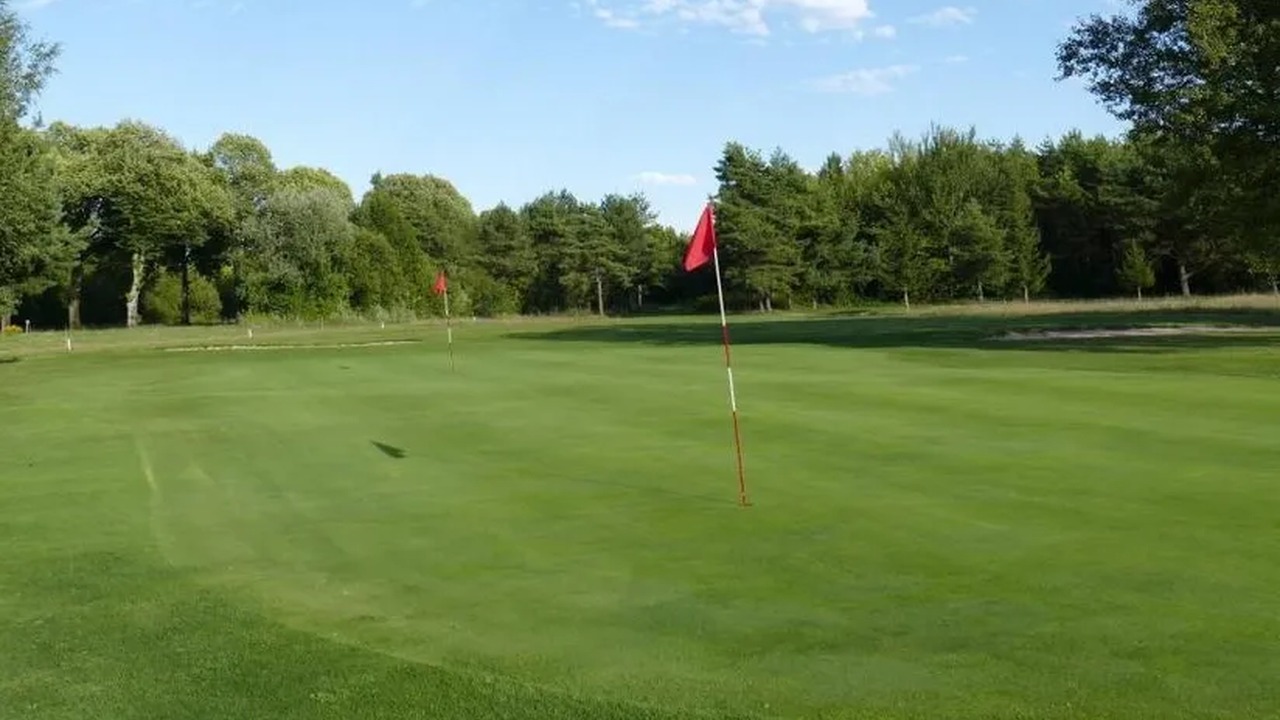 Green et drapeau rouge bordés d’arbres au Golf de Mourmelon.
