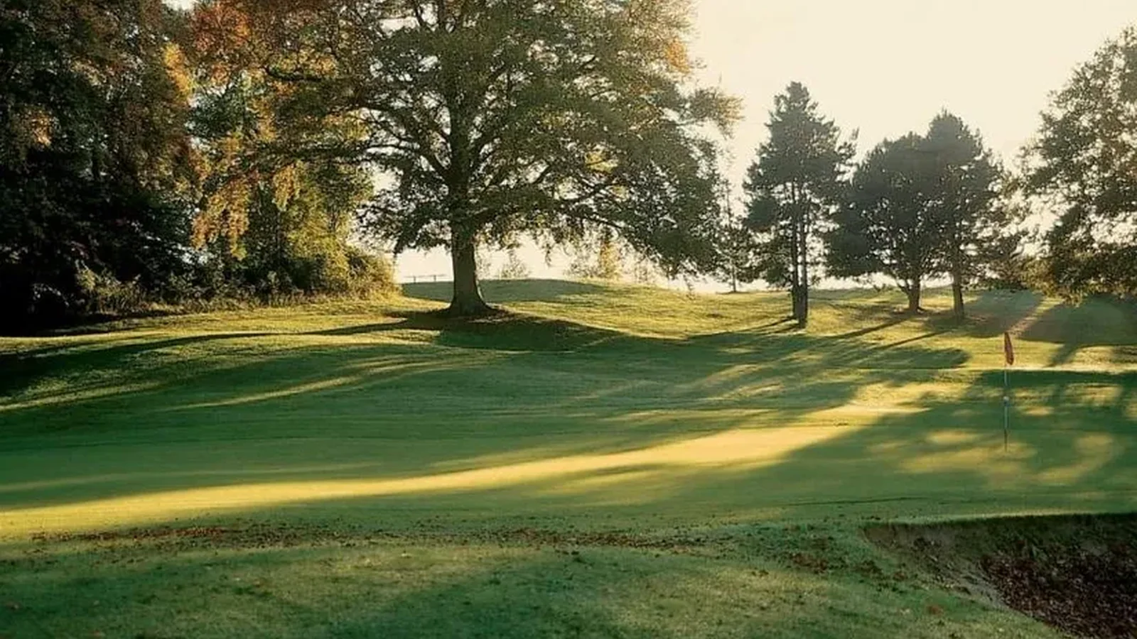 Fairway du Golf de Villarceaux bordé d’arbres sous une lumière rasante.