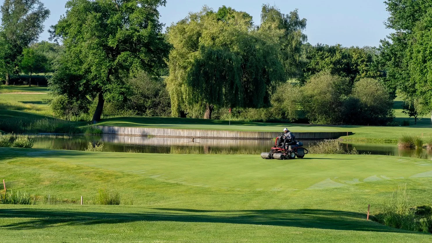 Green au bord d’un obstacle d’eau, avec golfeur et arbres.