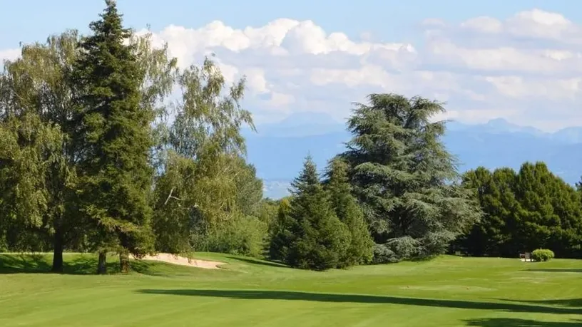 Fairway, arbres et reliefs alpins.