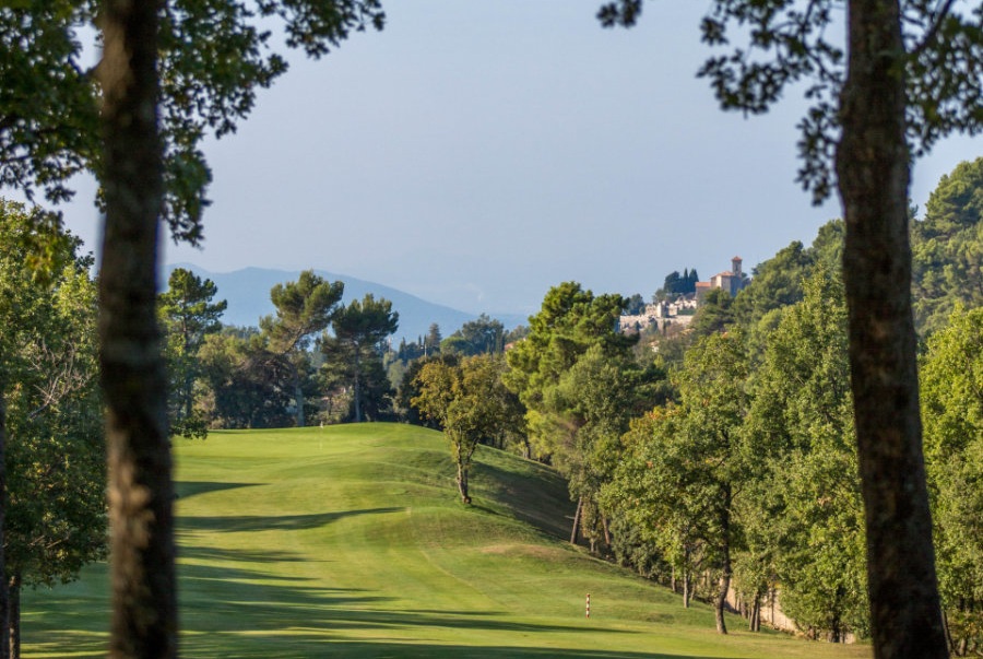 Fairway encadré d’arbres, panorama lointain