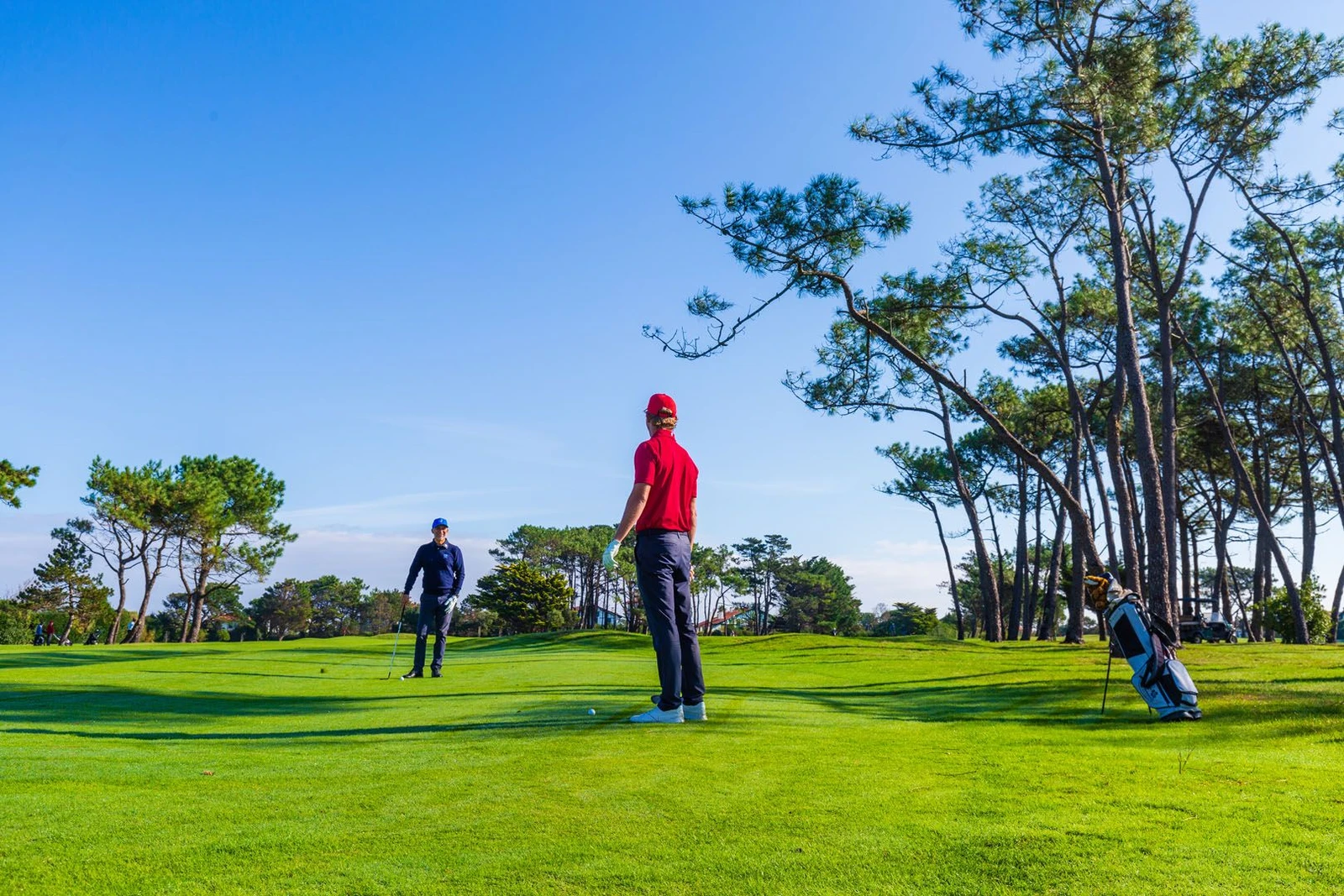 Deux golfeurs sur un green bordé de pins au Golf de Biarritz Le Phare.