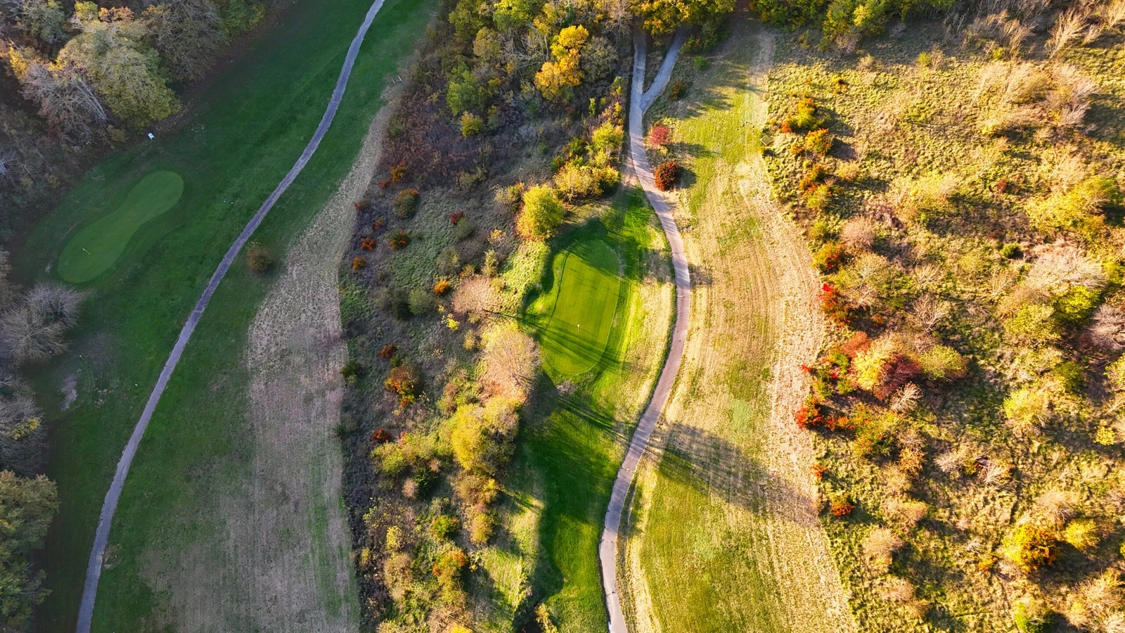 Vue aérienne des greens et fairways boisés du Golf Estolosa.