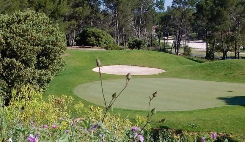 Green et bunker bordés de pins — Golf La Cabre d’Or