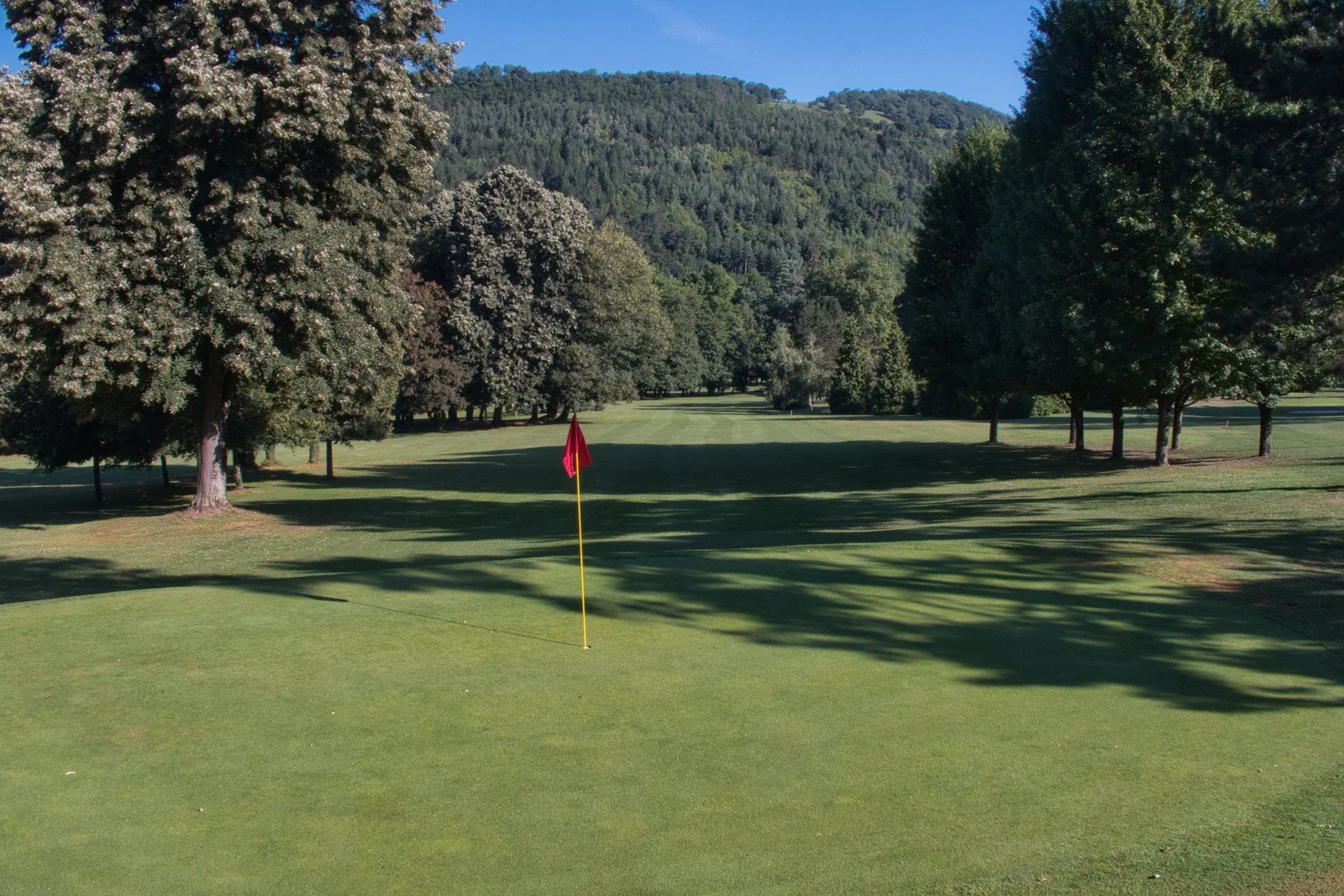 Green d’Uriage avec drapeau et relief boisé