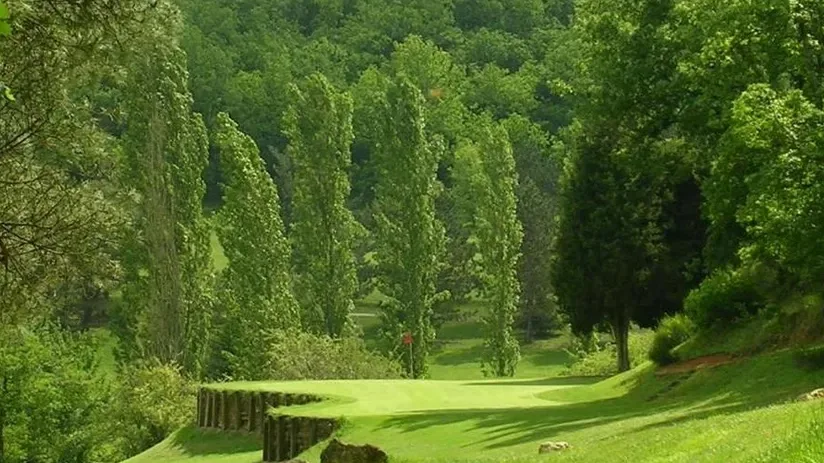 Fairway longé de peupliers et de collines boisées