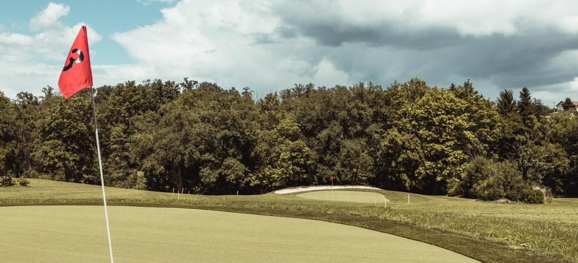 Drapeau et green arboré du Golf Lyon Tassin.