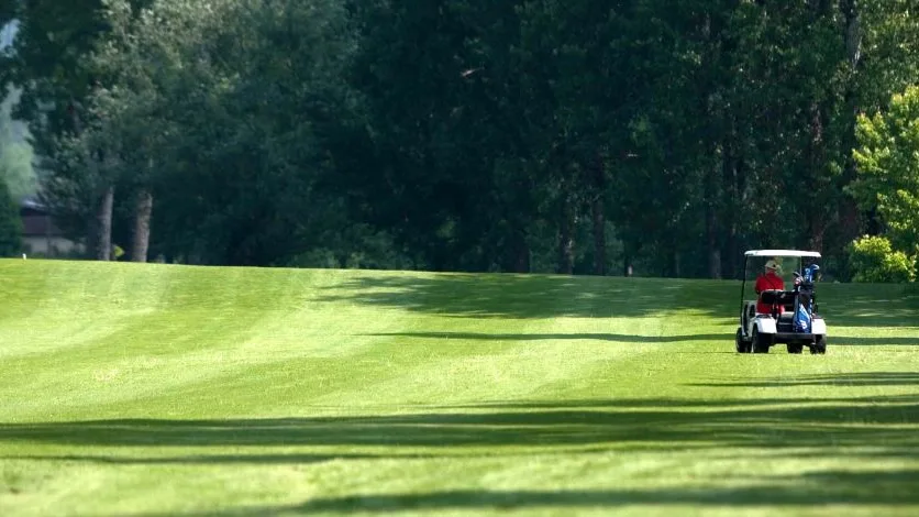 Fairway arboré et voiturette sur le parcours de Lolivarie.